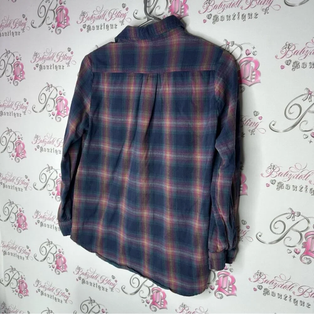 Brandy Melville button up plaid shirt purple blue pink buttons cute western